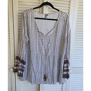 Boho Women's Tunic Peasant Top New Direction Size XL Cream and Brown w Tassels